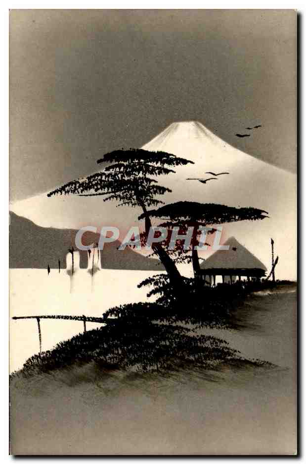 Mount Fuji — schwarz-weiße Ansicht mit Kiefer und Hütte — Maison Paul Chaffanjon & Cie, Tonkin