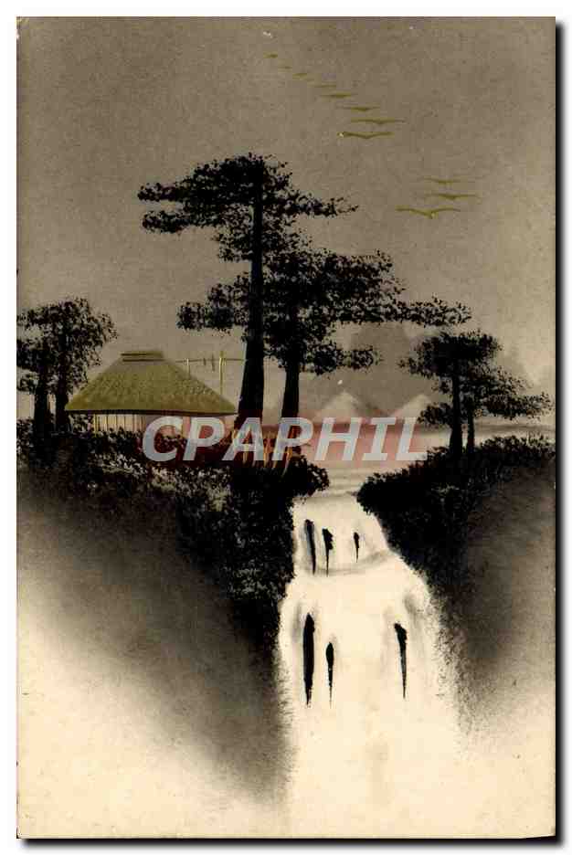 Japanisches Landschaftsbild — Wasserfall und Hütte unter Kiefern — unbekannter Verleger