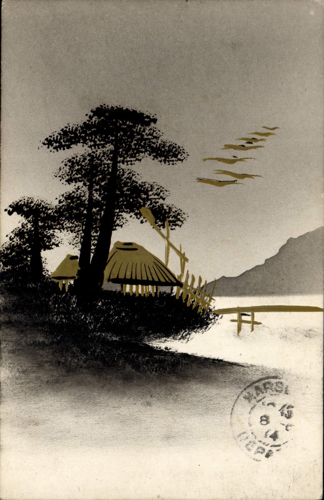 Japanisches Landschaftsbild — Hütte am Ufer mit Vögeln — Verlag unbekannt, Seriennummer nicht sichtbar