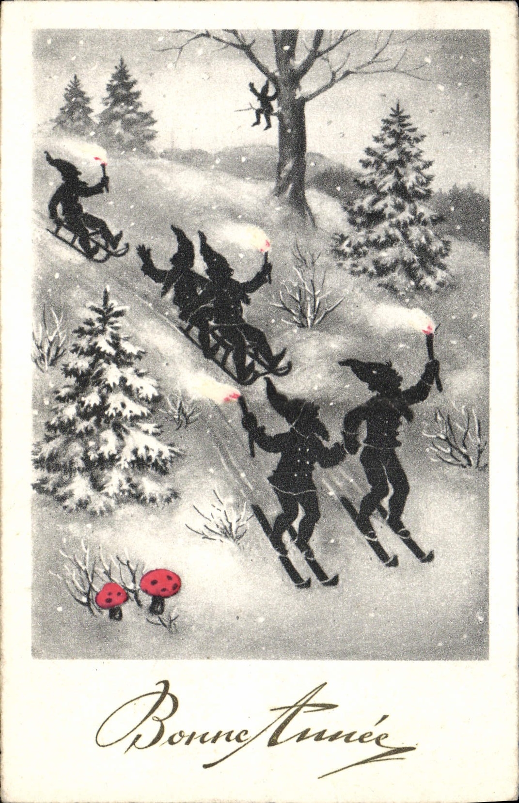 Schneegnommen-Szene — Frohe Neujahr — Verlag nicht sichtbar