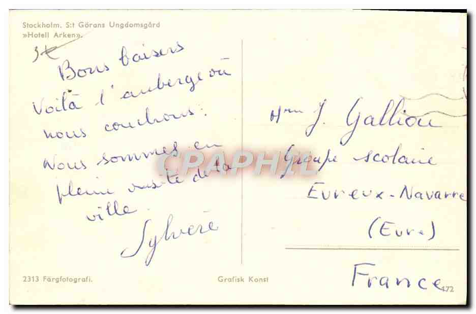 CPA Stockhom St Gorans Ungdomsgard Hotell Arken — Rückseite