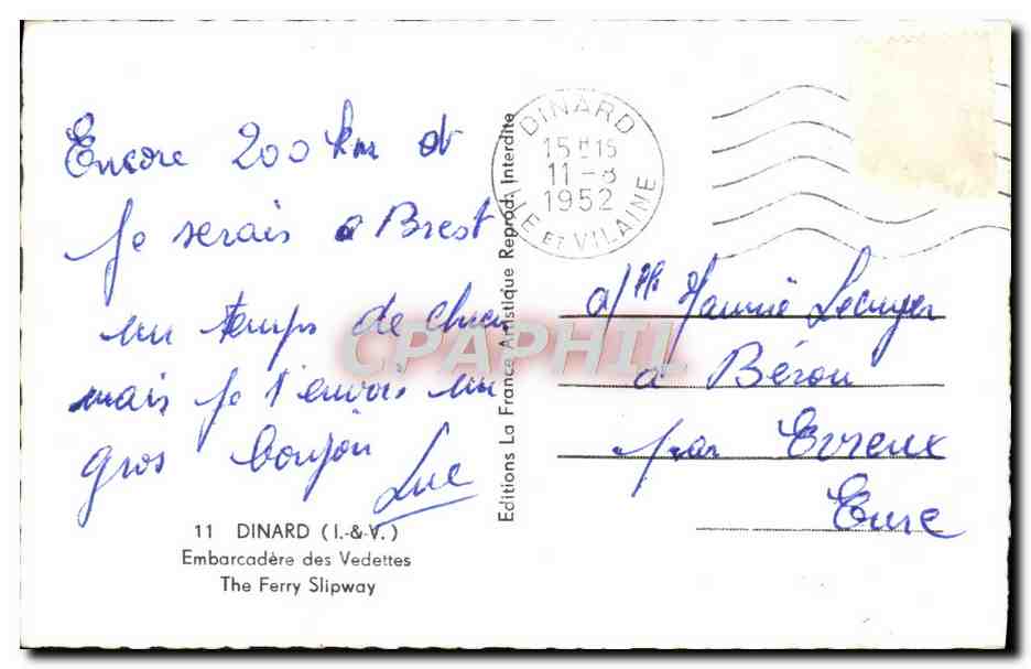 Dinard — Embarcadère des Vedettes — Éditions France Artistique Reproduite — Verso