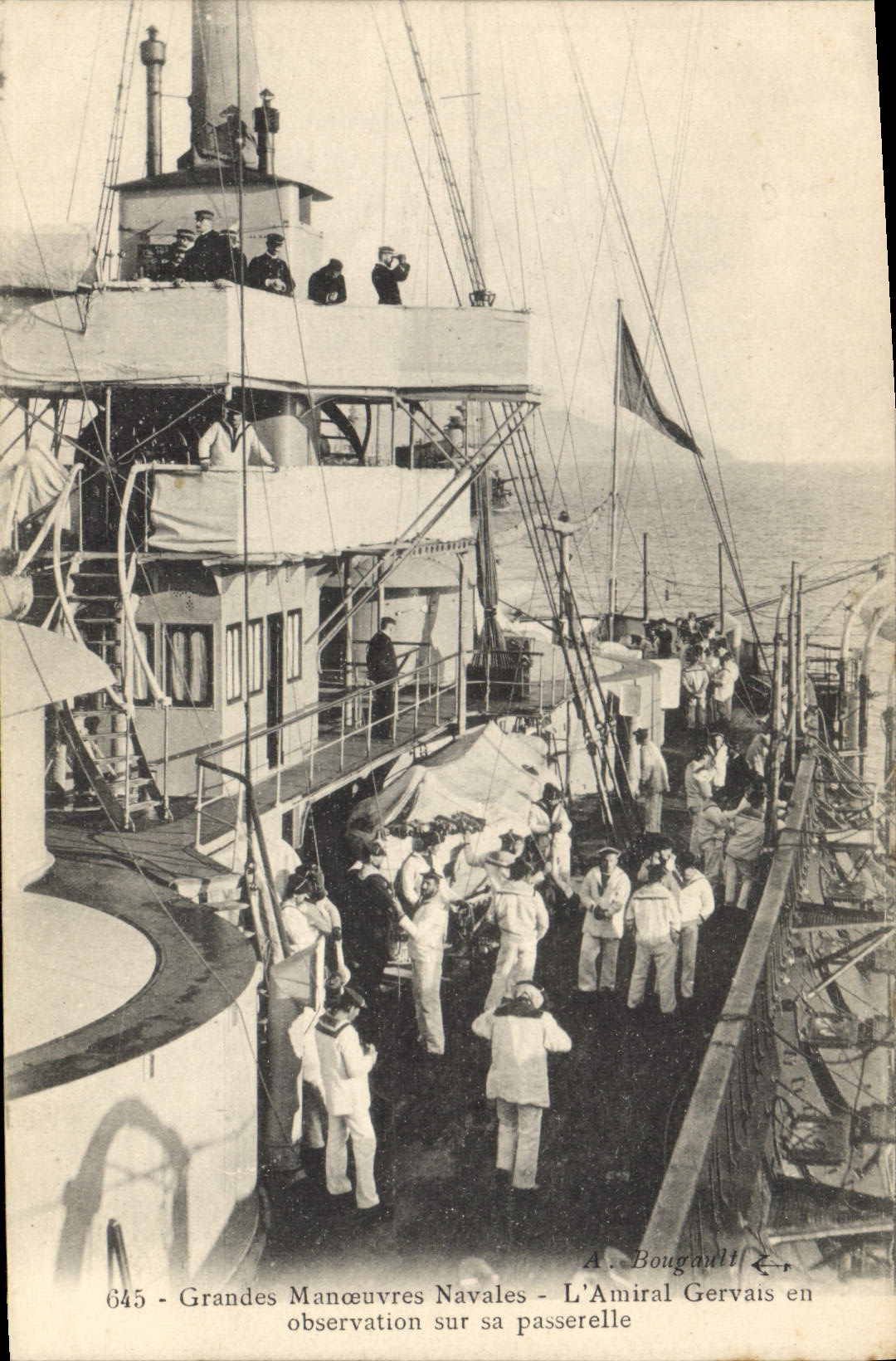Grandes Manœuvres Navales - L'Amiral Gervais en observation sur sa passerelle — A. Bougault, n° 645