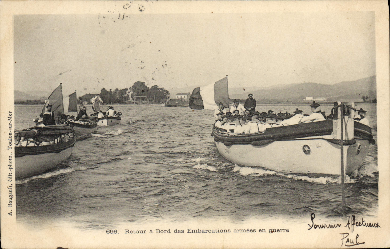 Retour à Bord des Embarcations armées en guerre — Toulon-sur-Mer — A. Bougault, édit-photo, n°696