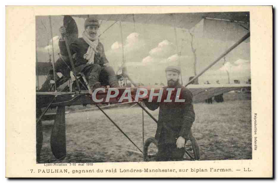 CPA Avion Aviation Paulhan gagnant du raid Londres Manchester sur biplan Farman