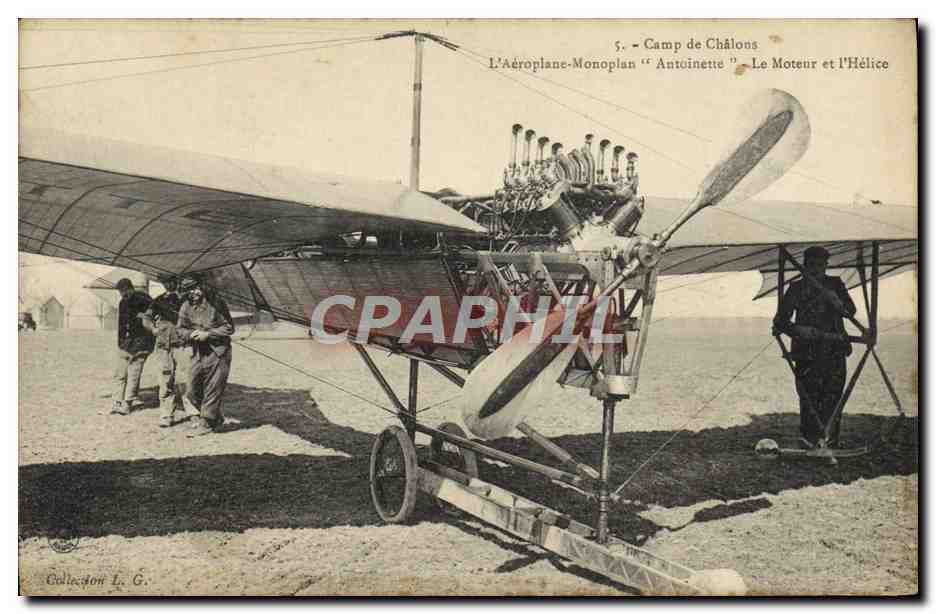 CPA Avion Aviation Camp de Chalons L'aeroplane Monoplan Antoinette le moteur et l'helice 