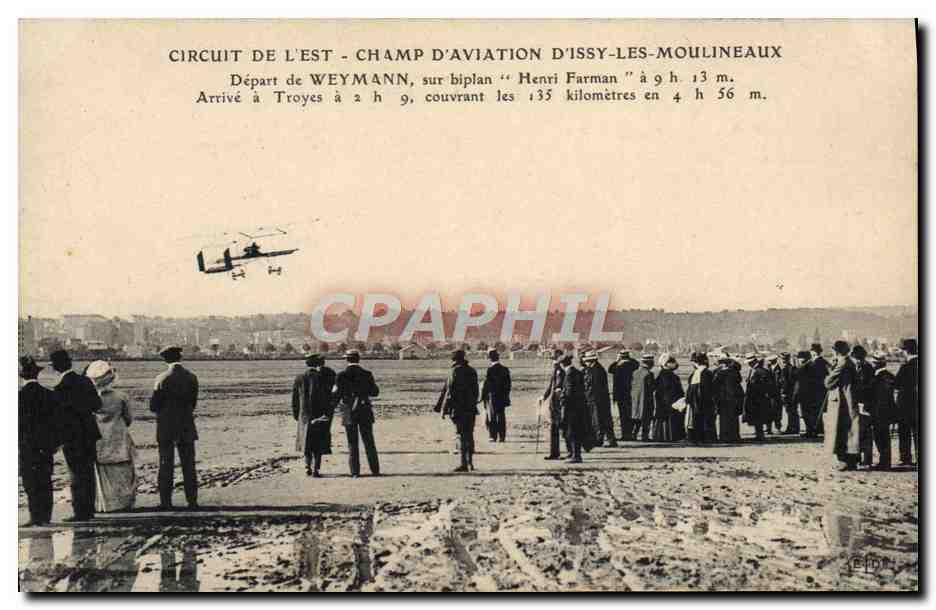 CPA Avion Aviation Circuit de l'Est Champ d'aviation d'Issy les Moulineaux Depart de Weymann sur biplan Henri Farman 