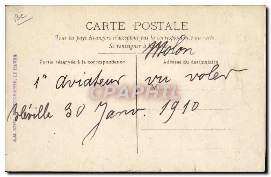 CARTE PHOTO Avion Aviation Bleville 1910 — Rückseite