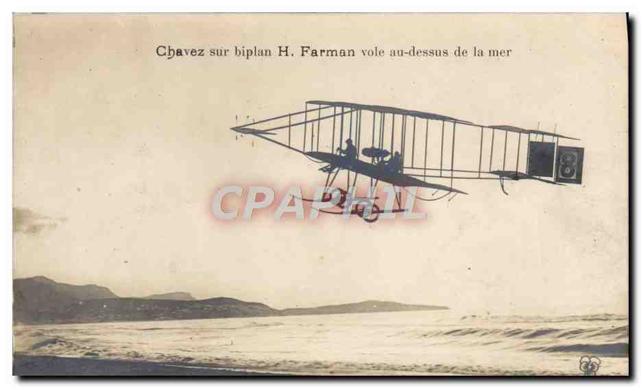 CPA Avion Aviation Chavez sur biplan H Farman vole au dessus de la mer 