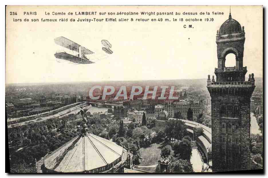 CPA Avion Aviation Paris le comte de Lambert sur son aeroplane Wright passant au dessus de la Seine Juvisy Tour Eiffel