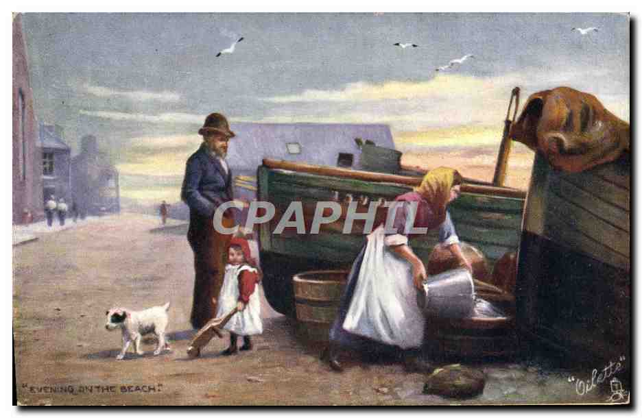 CPA Fantaisie Illustrateur Evening on the beach Femme Chien Enfant 