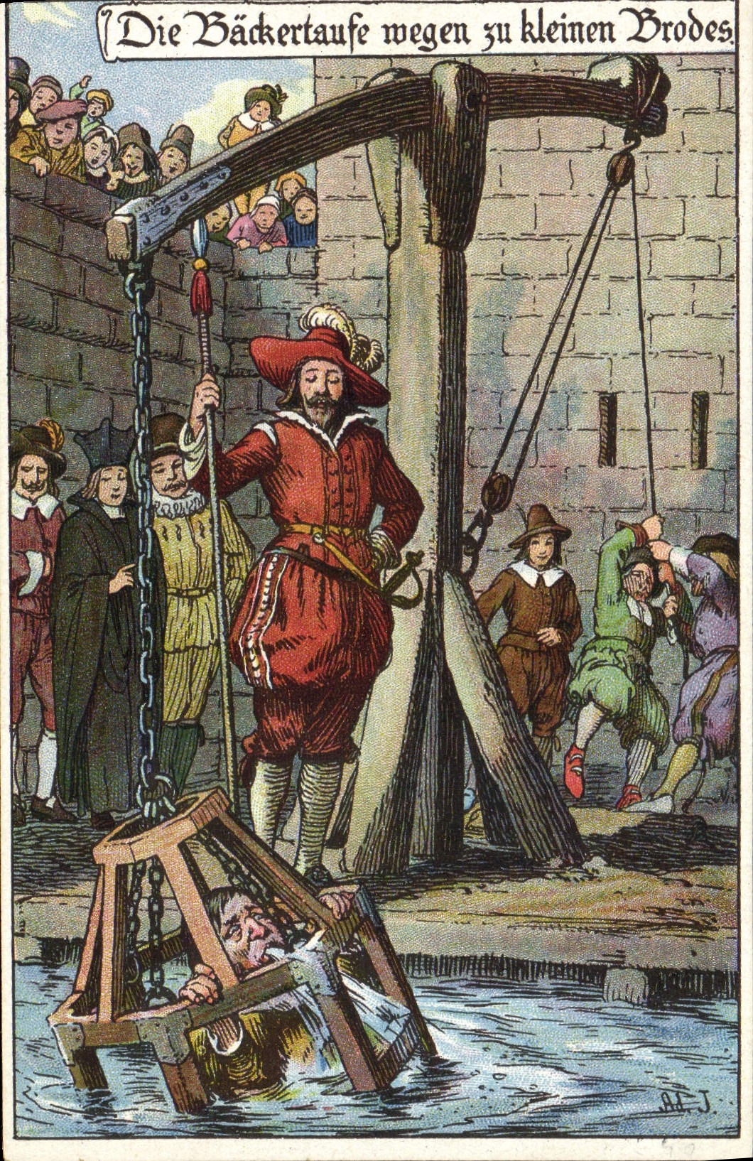 Bäckertaufe wegen zu kleinen Brodes — scena storica — Lith. & Druck von E. Hütter, Nürnberg