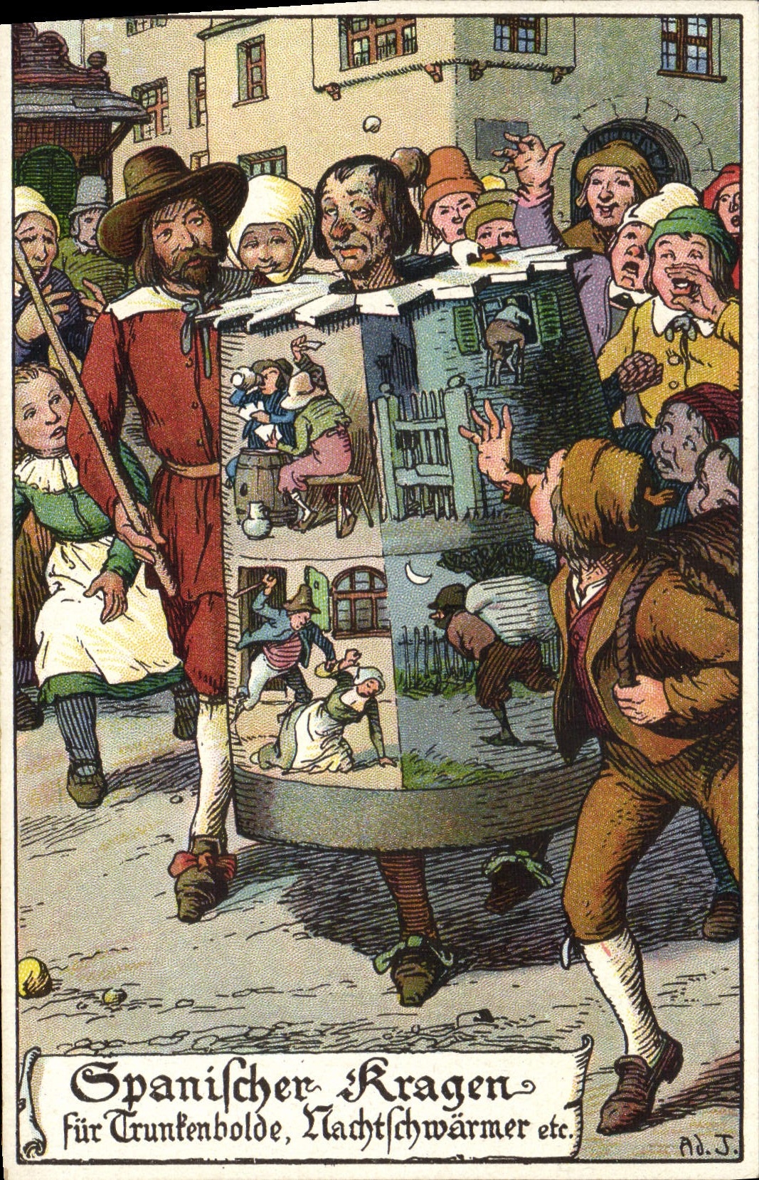Scène de rue avec homme en costume historique — 'Spanischer Kragen für Trunkenbolde, Nachtschwärmer etc.' — Ad.J.