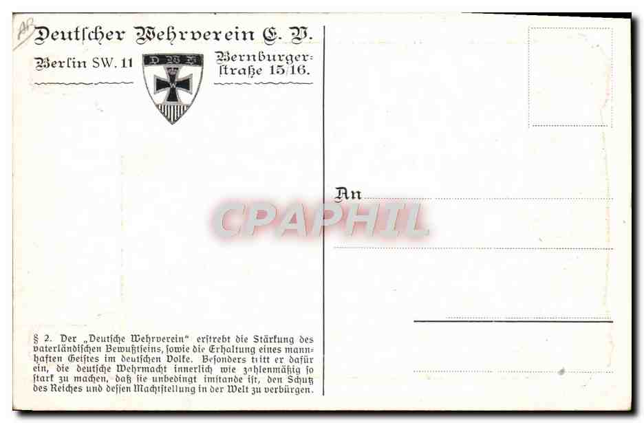 CPA Fantaisie Illustrateur Deutscher Wehrverein Militaria — Rückseite