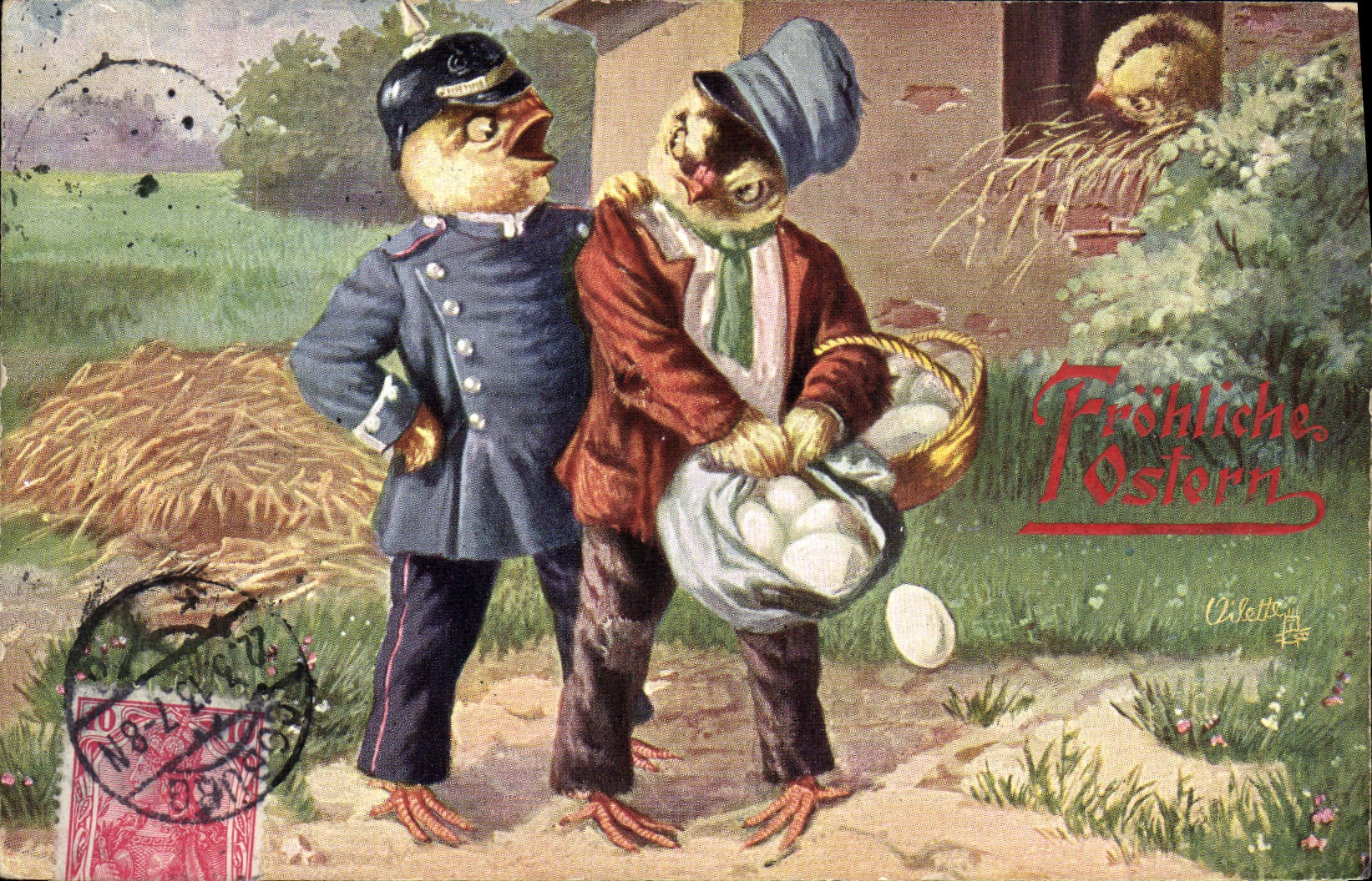 Chouettes en uniforme — scène de Pâques — Tuck's Postkarte, série 'Oilette', n° 844