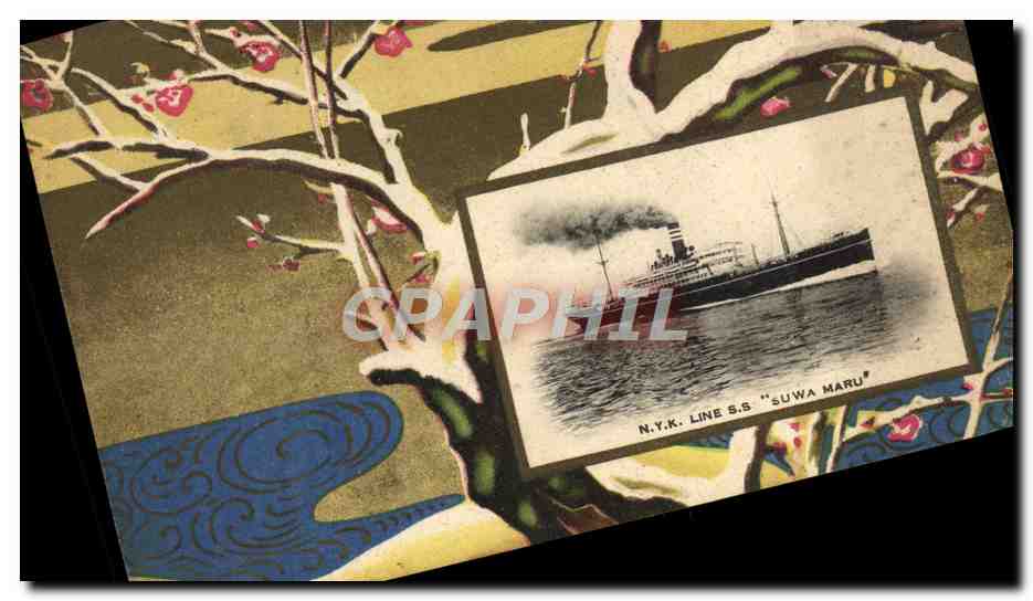 N.Y.K. Line S.S. "Suwa Maru" — Illustration eines Schiffs unter schneebedeckten Kirschzweigen — Verlag N.Y.K. Line