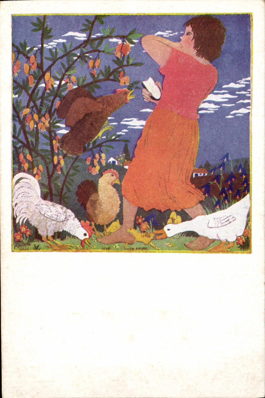 CPA Austrian Junior Red Cross Coq poules Croix Rouge Illustrateur