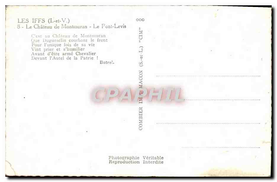 CPM Les Iffs Le chateau de Montmuran Le pont levis  — Verso