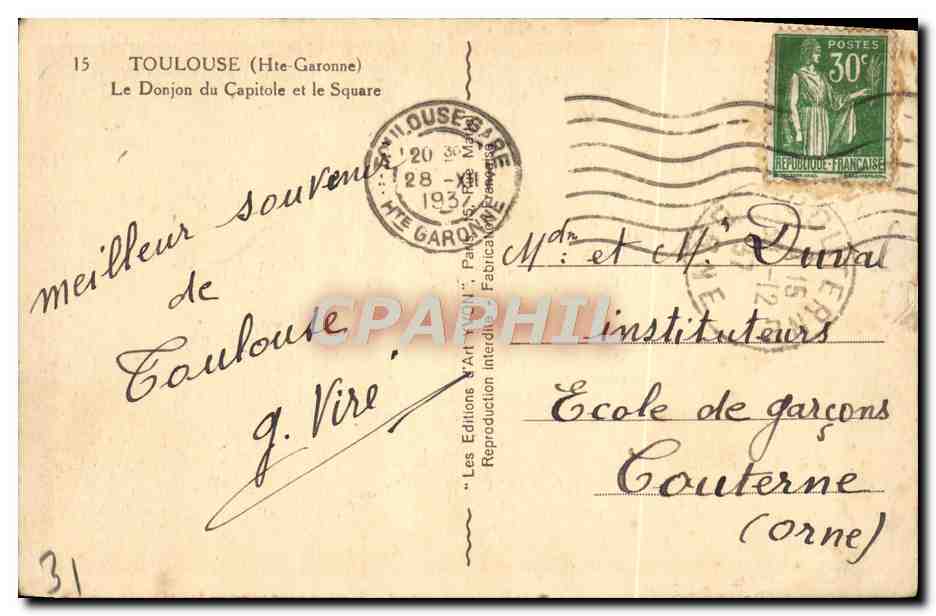 CPA Toulouse Le Donjon Du Capitole Et Le Square — Verso