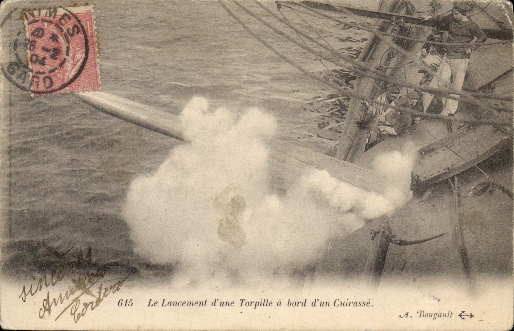 CPA Bateau Le lancement d'une torpille a bord d'un cuirasse