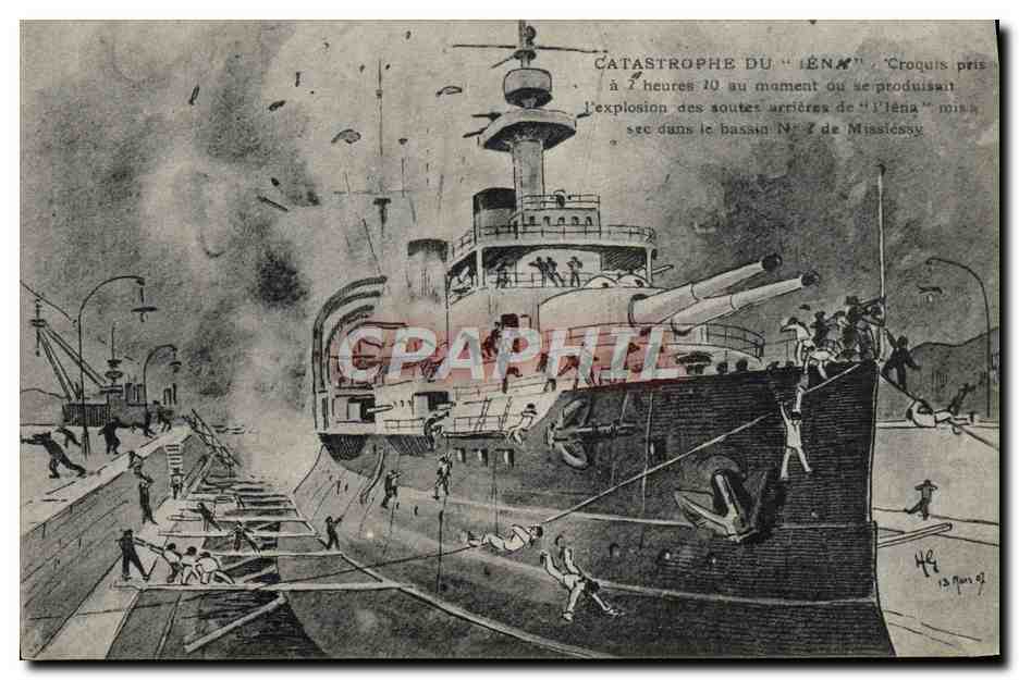 Catastrophe du "Iéna" — Croquis pris à 7 heures 10 au moment où se produisait l'explosion des soutes arrières dans le bassin N°2 de Miseccay — Éditeur L. Olive Taulion
