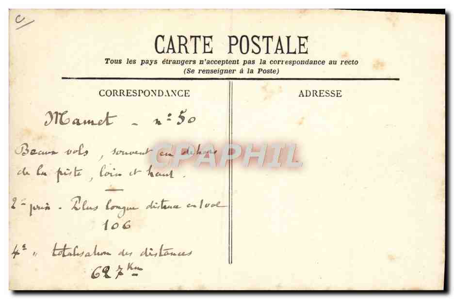 CPA Avion Aviation Grande semaine d'aviation Mamet sur monoplan Bleriot  — Verso