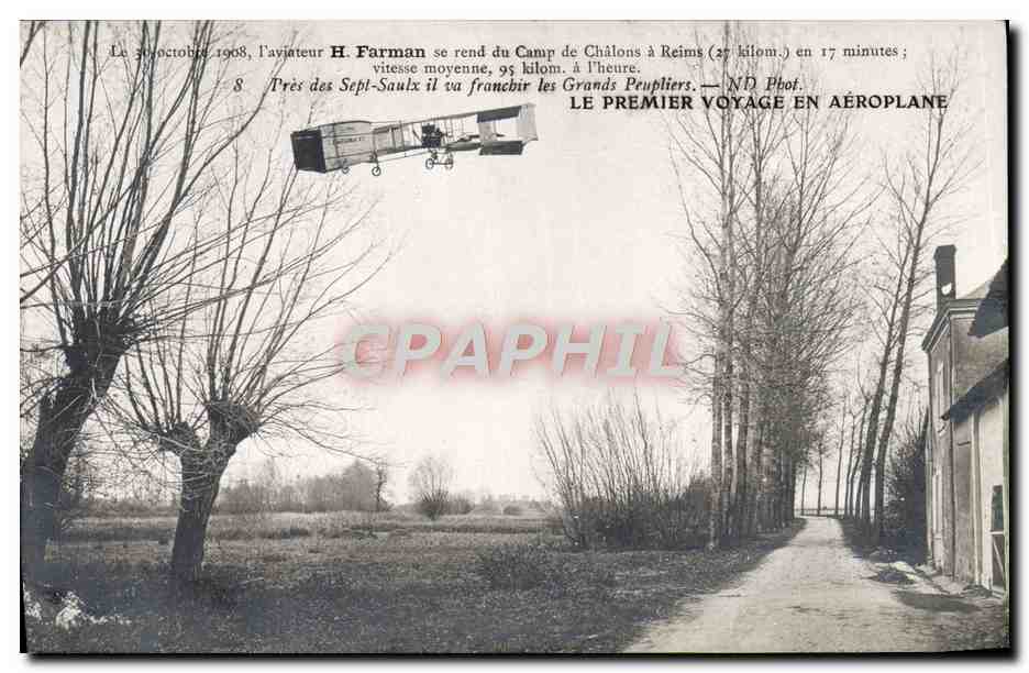 CPA Avion Aviation Farman se rend au camp de Chalons a Reims Pres des Sept Saulx il va franchir les Grands Peupliers