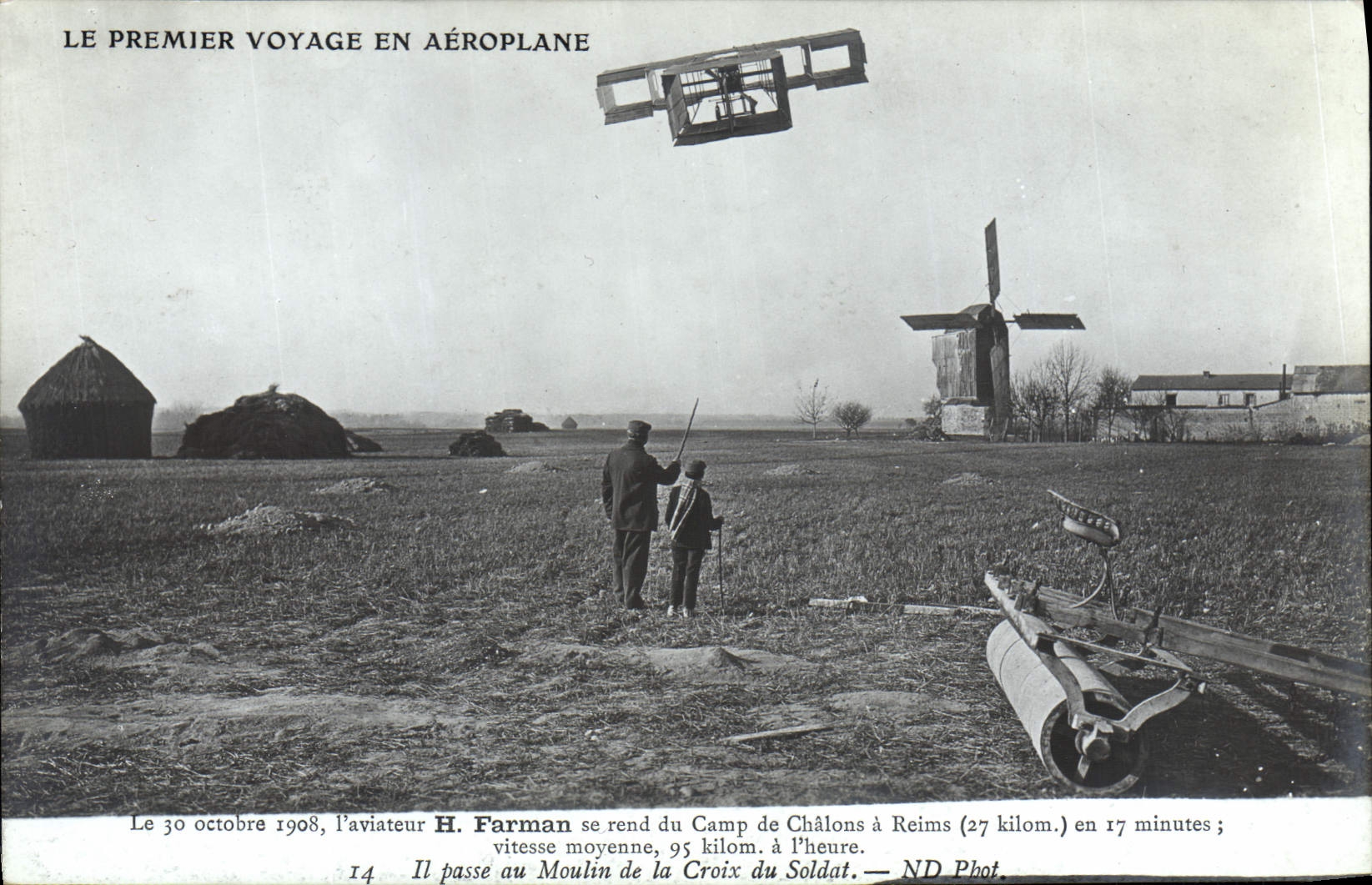 CPA Avion Aviation Aviateur Farman se rend au camp de Chalons a Reims Moulin de la CRoix du soldat 