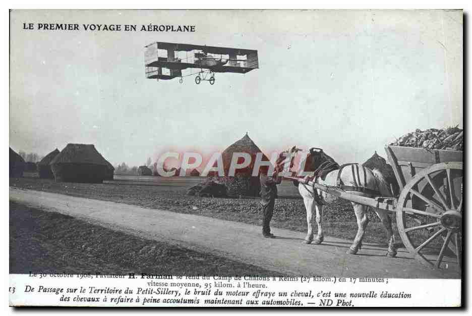 CPA Avion Aviation Farman se rend du camp de Chalons a Reims Territoire du Petit Sillery Cheval Attelage 