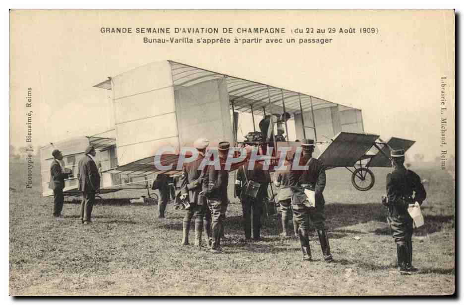 CPA Avion Aviation Grande semaine d'aviation Bunau Varilla s'apprete a partir avec un passager