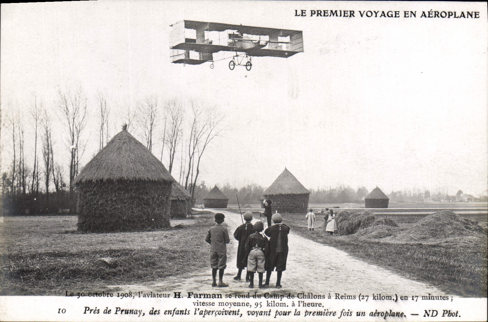 CPA Avion Aviation Le premier voyage en aeroplane Farman se rend du camp de Chalons a Reims Pres de Prunay 