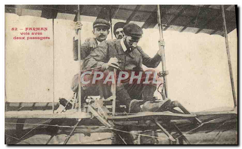 CPA Avion Aviation Farman vole avec deux passagers