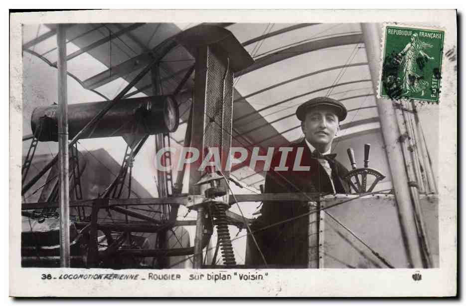 CPA Avion Aviation Rougier sur biplan Voisin
