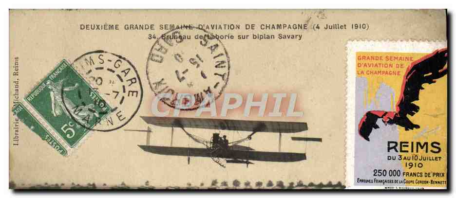 CPA Avion Aviation Deuxieme grande semaine d'aviation de Champagne Bruneau de Laborie sur biplan Savary Vignette Reims