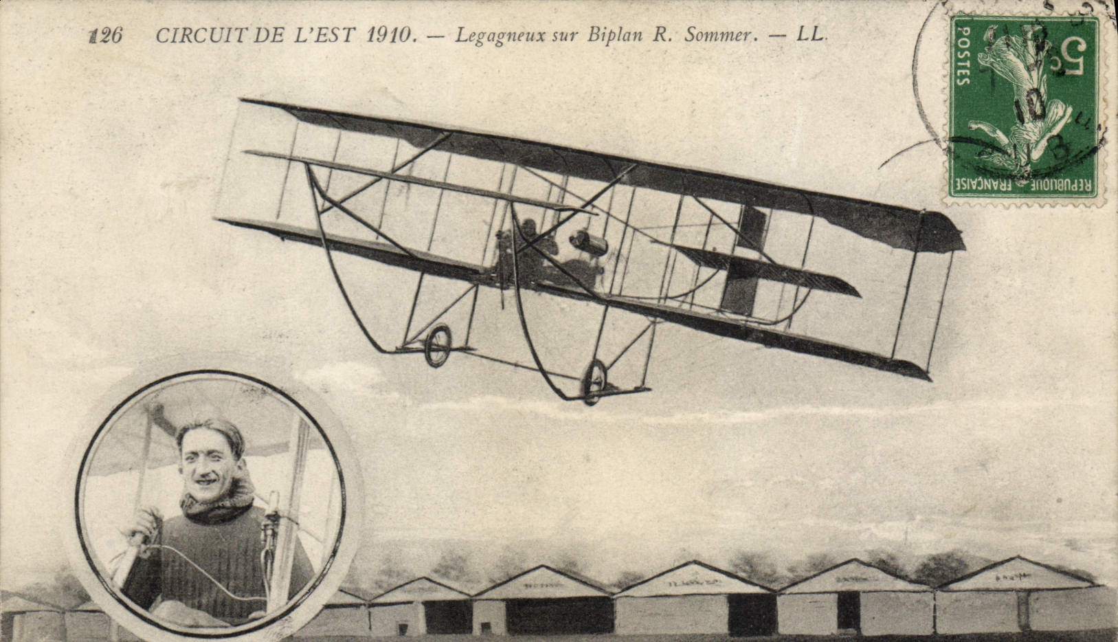 CPA Avion Aviation Circuit de l'Est 1910 Legagneux sur biplan R Sommer Vignette Troyes 1910