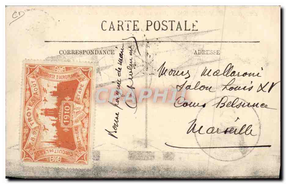 CPA Avion Aviation Circuit de l'Est 1910 Legagneux sur biplan R Sommer Vignette Troyes 1910 — Rückseite