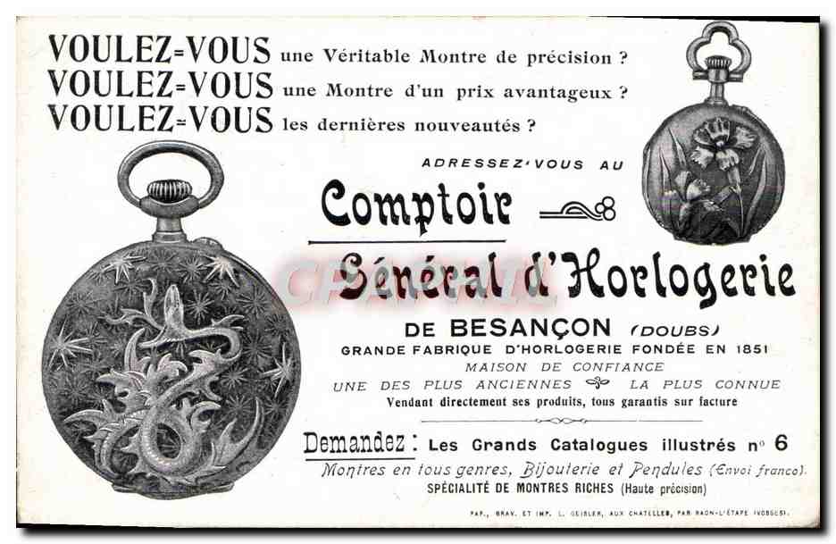 CPA Besancon Promenade Micaud Publicite Comptoir General d'horlogerie Montre  — Verso