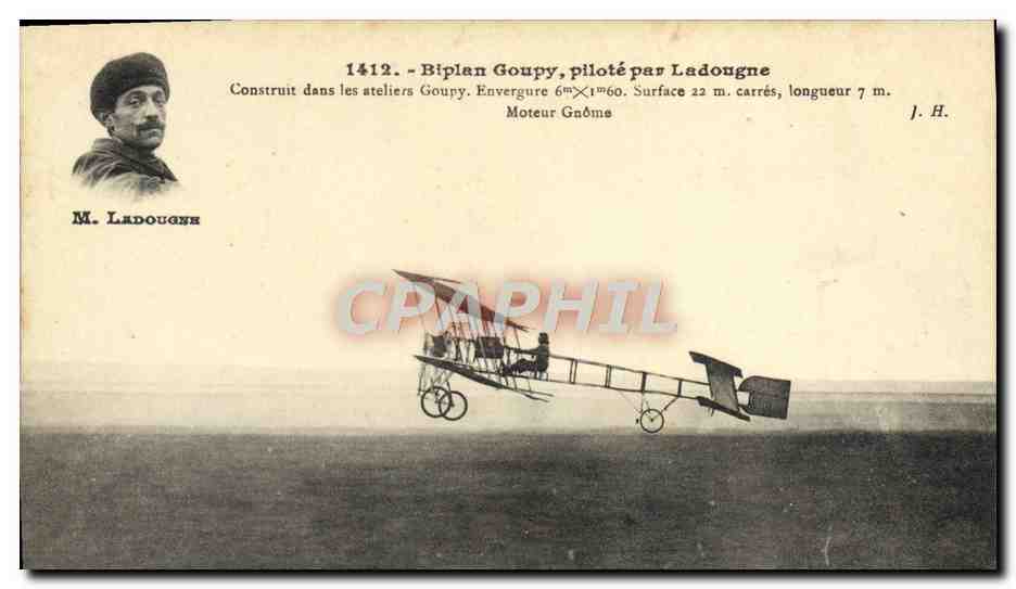 Biplan Goupy, piloté par Ladougné — n°1412 — J. Hazart, phot.-édit., Paris
