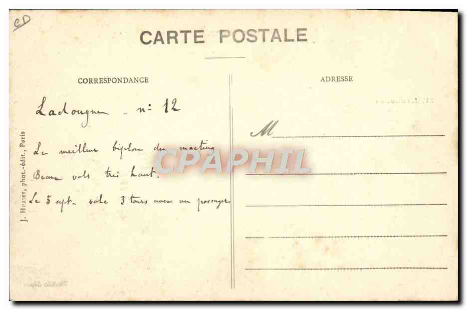 Biplan Goupy, piloté par Ladougné — n°1412 — J. Hazart, phot.-édit., Paris — Reverso