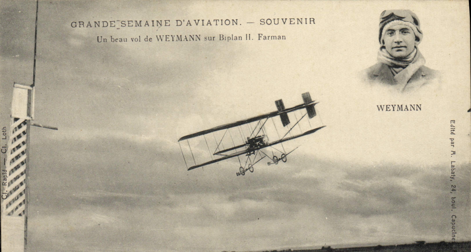 CPA Avion Aviation Grande semaine d'aviation Un beau vol de Weymann sur biplan Farman 