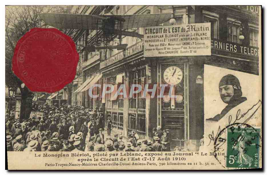 CPA Avion Aviation Monoplan Bleriot pilote par Leblanc expose au journal Le Matin Circuit de l'Est Paris Troyes