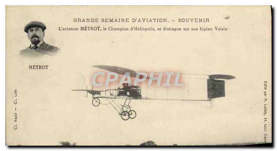 CPA Avion Aviation Grande semaine d'aviation Aviateur Metrot champion d'Heliopolis se distingue sur son biplan Voisin