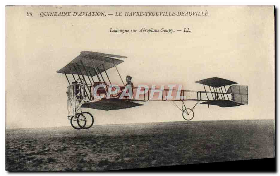 CPA Avion Aviation Quinzaine d'Aviation Le Havre Trouville Deauville Ladougue sur aeroplane Goupy 