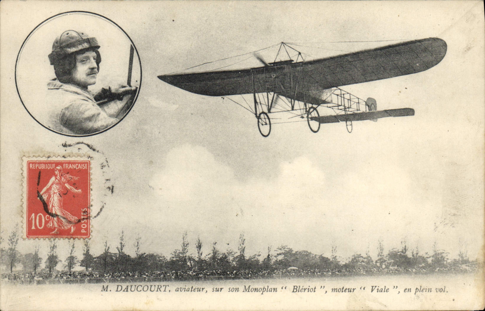 CPA Avion Aviation Daucourt Aviateur sur son Monoplan Bleriot moteur Viale en plein vol