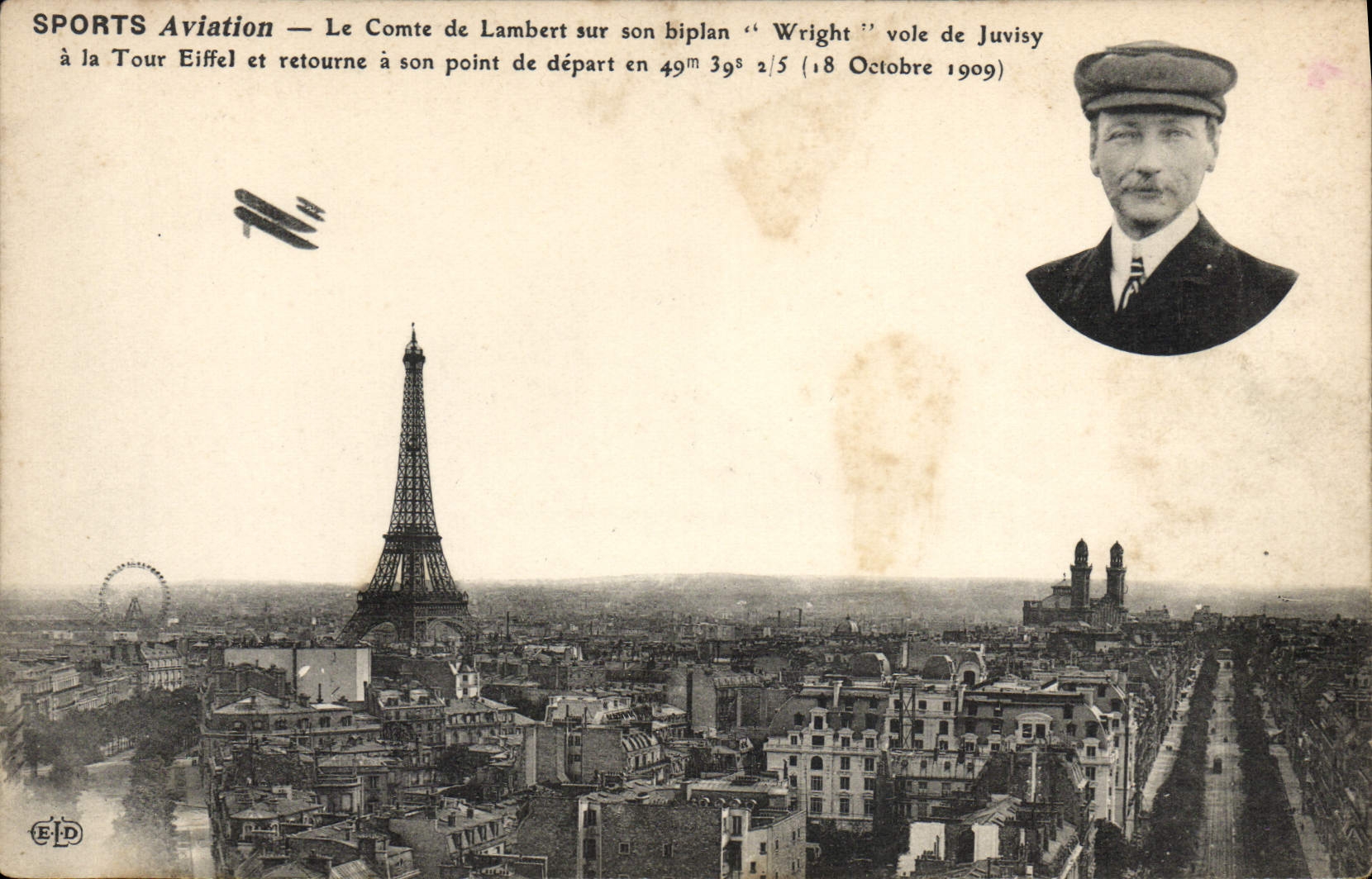CPA Avion Aviation Le comte de Lambert sur son biplan Wright vole de Juvisy a la Tour Eiffel Paris 
