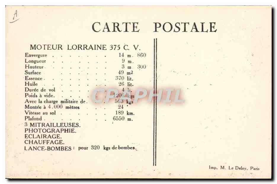 CPA Avion Aviation Avion Breguet de Corps d'armee Type XIV Moteur lorraine — Rückseite