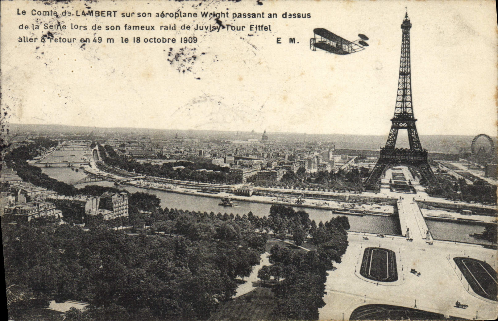 CPA Avion Aviation Le comte de Lambert sur son aeroplane Wright Tour Eiffel Paris Juvisy 