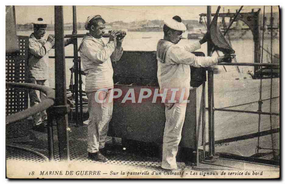 CPA Bateau Sur la passerelle d'un cuirasse Les signaux de service du bord 