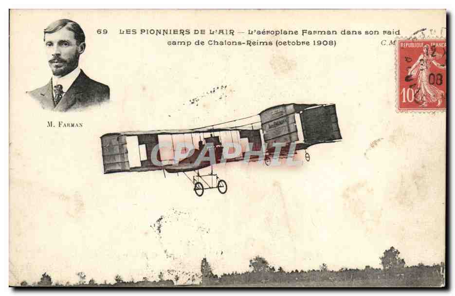 CPA Avion Aviation L'aeroplane Farman dans son raid camp de Chalons Reims Octobre 1908