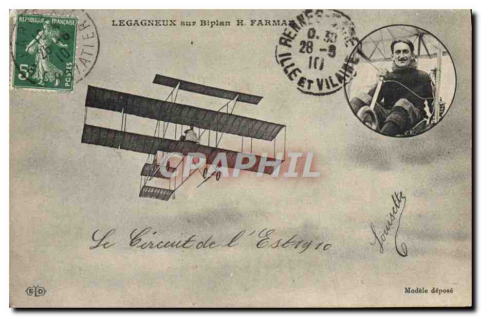 CPA Avion Aviation Legagneux sur biplan Farman 
